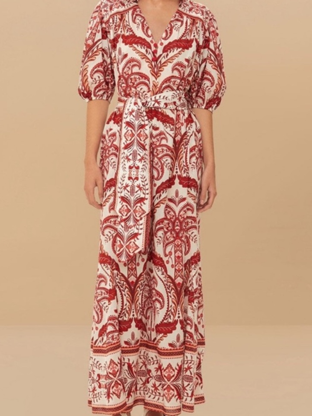 FARM Rio Off-White Maxi Dress with Red Tropical Print
